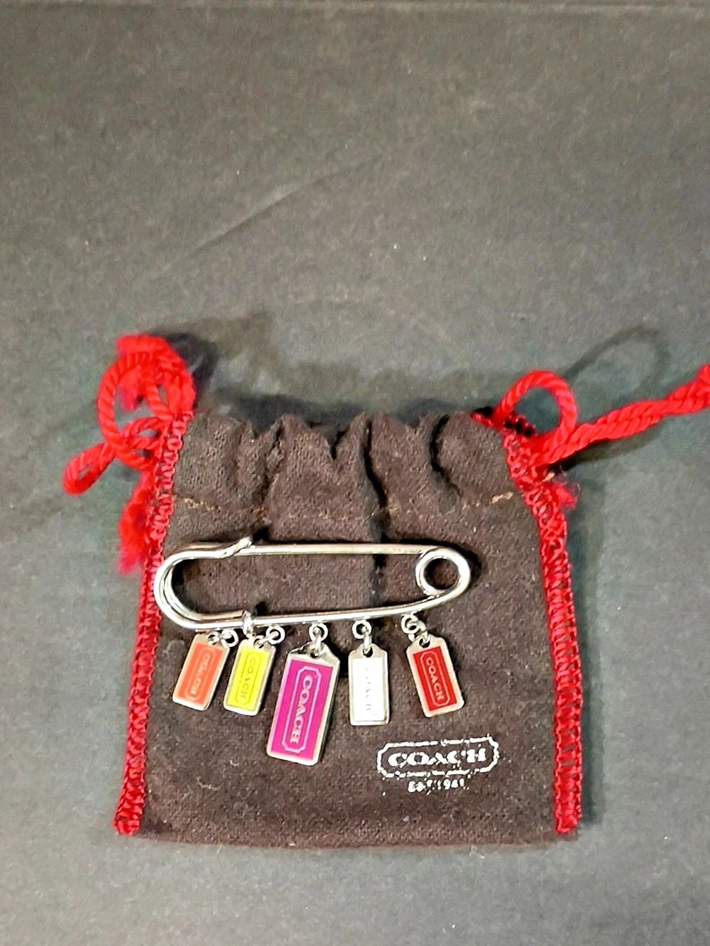 Vintage Coach Charm Safety Pin Safety Pin Charm Brooch in Silver & Multicolor